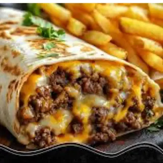TACOS CHEESEBURGER ( XXL DOUBLE MEAT) (200 grama premium mesa )+POMFRIT