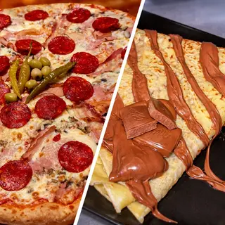Porodična pizza i dve palačinke sa kremom i plazmom