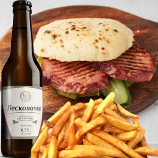 Leskovački dim VEŠALJKA + leskovačko dimljeno pivo + pomfrit