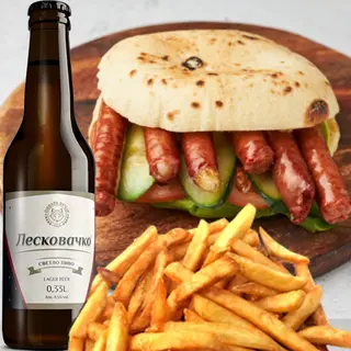 Leskovački dim KOBAJA + leskovačko dimljeno pivo + pomfrit