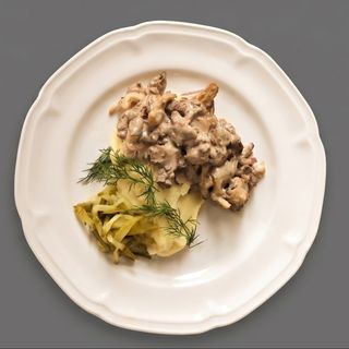 Beef Stroganoff with mashed potatoes and oyster mushrooms