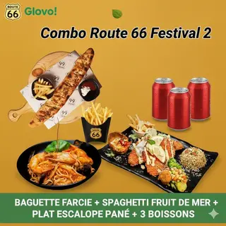 Combo Route 66 Festival 2(Baguette farcie Moyenne , spaghetti fruit de mer, plat escalope pané, 3 boissons)