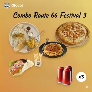 Combo Route 66 Festival 3(Makloub escalope grillé, pizza moyenne double pâtes chef, pâtes bolognaise, cheese naan jambon, 3 boissons)