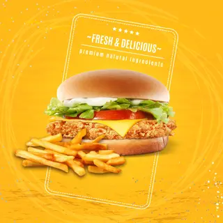 Crispy Chicken Burger with fries. (Nouveau)