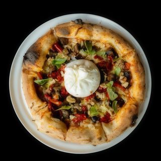 Піца з буратою, запеченим баклажаном та болгарським перцем