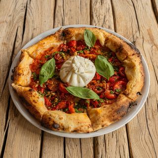 Піца з буратою, печеними томатами та болгарським перцем