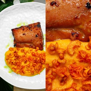 Філе сома з морквяним пюре та чіпсами