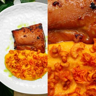 Філе сома з морквяним пюре та чіпсами