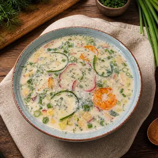 Окрошка з креветками на квасі