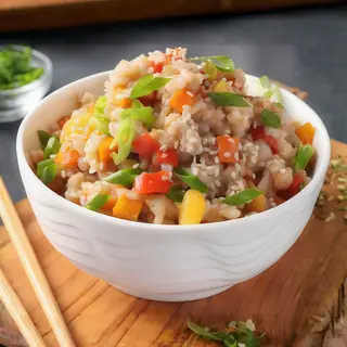 Рис з морепродуктами та овочами у вершковому соусі