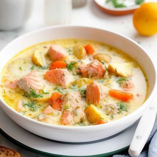 Пательня із асорті риби та броколі під сирним соусом (250г)