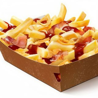 Картопля фрі з соусом карі та смаженим беконом(