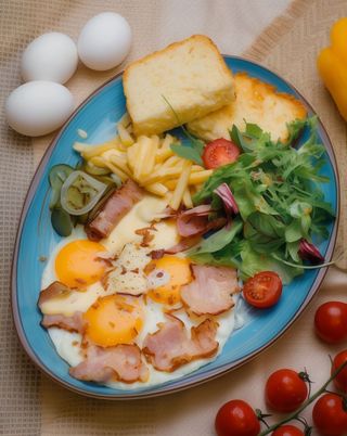 Яєчня або скрембл з беконом, картоплею фрі та сирним соусом