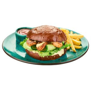 Бургер з лососем теріякі, свіжим огірком та соусом Тартар