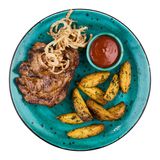 Стейк зі свинини з картоплею по-креольськи та цибулею фрі (400г)