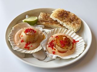 Запечені гребінці з устричним соусом та тобіко