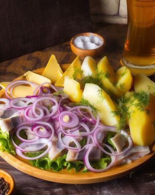 Оселедець власного засолу з печеною картоплею та кримським луком (100/100г)