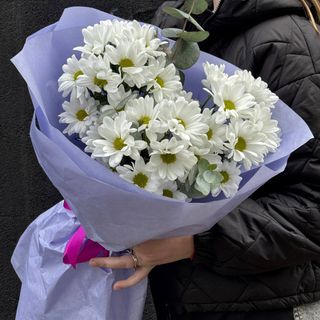 Букет із 3 Хризантем Чік біла+евкаліпт