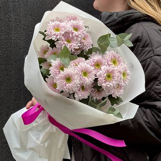Букет із 3 Хризантем Рожевих+евкаліпт