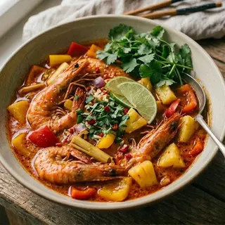 Червоний карі з креветкою та ананасами