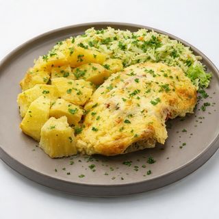 М'ЯСО ПО-ФРАНЦУЗЬКИ З ЗАПЕЧЕНОЮ КАРТОПЛЕЮ