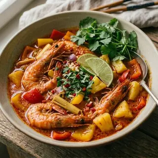 Червоний карі з креветкою та ананасами