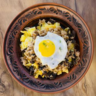 Смажена картопля по-флотськи з курячим фаршем, печерицями, яєчнею та цибулею