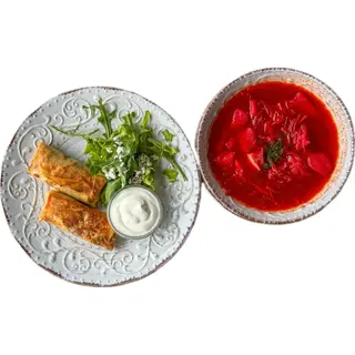 Борщ з телятиною, сметаною та салом+Млинці з м'ясом (400/2шт)