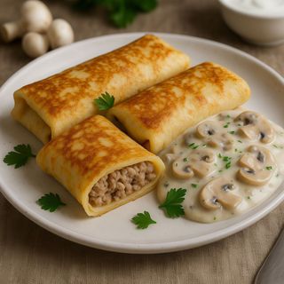 Млинці з м'ясом та соусом з печериць