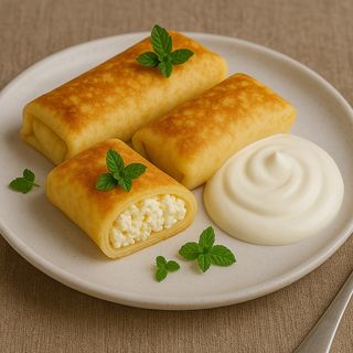 Млинці з солодким сиром в асортименті + сметана