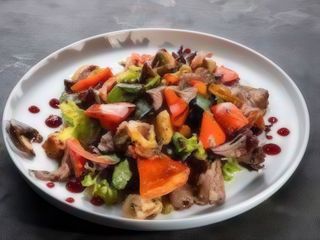 Теплий салат з ростбіфом, в'яленими томатами, грибами та болгарським перцем (250г)