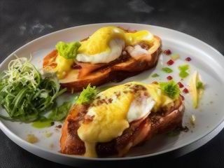 Яєчня "Бенедикт" на запашному бріоші з хрумким беконом під голандським соусом (320г)