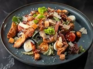 Цезар зі смаженою куркою, хрумким беконом,свіжими томатами (300г)