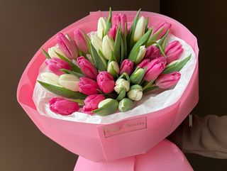 39 біло-рожевих тюльпанів