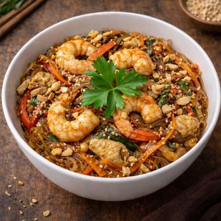 Фунчоза з тигровою креветкою та курчам (390г)