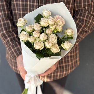 5 світлих півонієподібних троянд з пакуванням