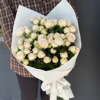 19 світлих півонієподібних троянд з пакуванням