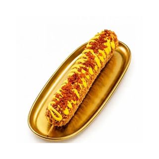 Корн дог з сирним соусом та хрумкою цибулею