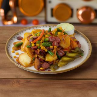 Пательня з ковбасками та овочами гриль