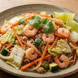 Смажені овочі рис з морепродуктів