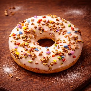 Донат з білою глазур'ю та подрібненими шоколадними цукерками (56г)