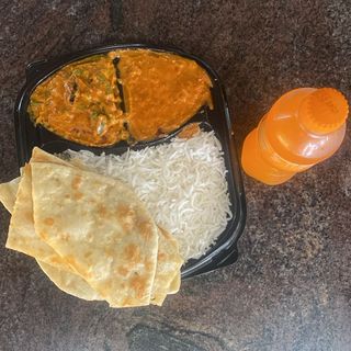Fish Tikka Masala with veg curry, Biryani Rice, naan and free Soda