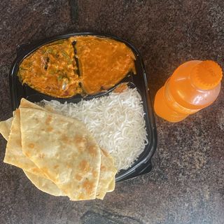 Chicken Tikka Masala, Veg Curry, Butter Naan Biryani Rice and free soda