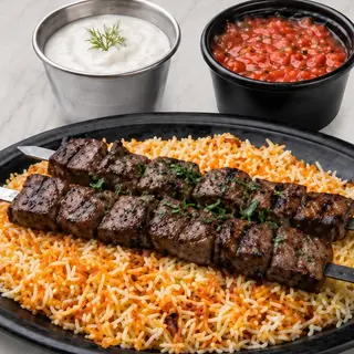 2 beef skewrs with rice