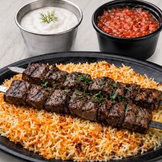 2 beef skewrs with rice