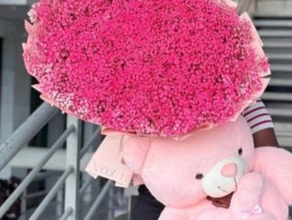 Pink baby breath and teddy bear