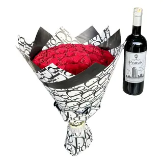 Medium Red flower bouquet & Wine (750mls)