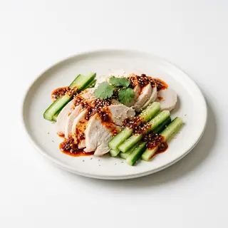 Pollo cotto freddo con cetriolo e salsa piccante