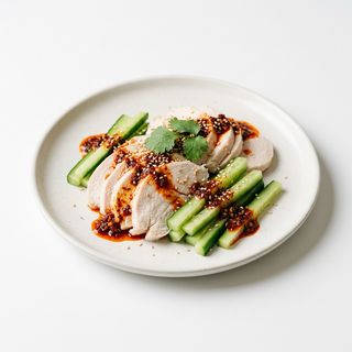 Pollo cotto freddo con cetriolo e salsa piccante