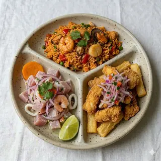 Trío: Ceviche Arroz De Mariscos Con Chicharrón De Calamares